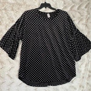 Tee for the Soul Top Black and White Polka Dot Tunic Length Bell Sleeve Sz 3X
